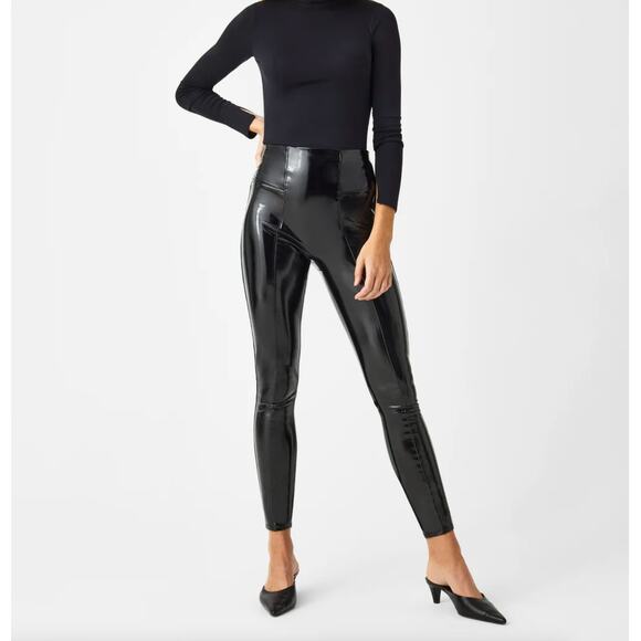 SPANX Faux Patent Leather Leggings Black Shiny Sz L {FF45} - Picture 1 of 7